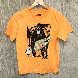 Hurley Monkey Surfing Bright Orange Boys Tee Shirt Medium